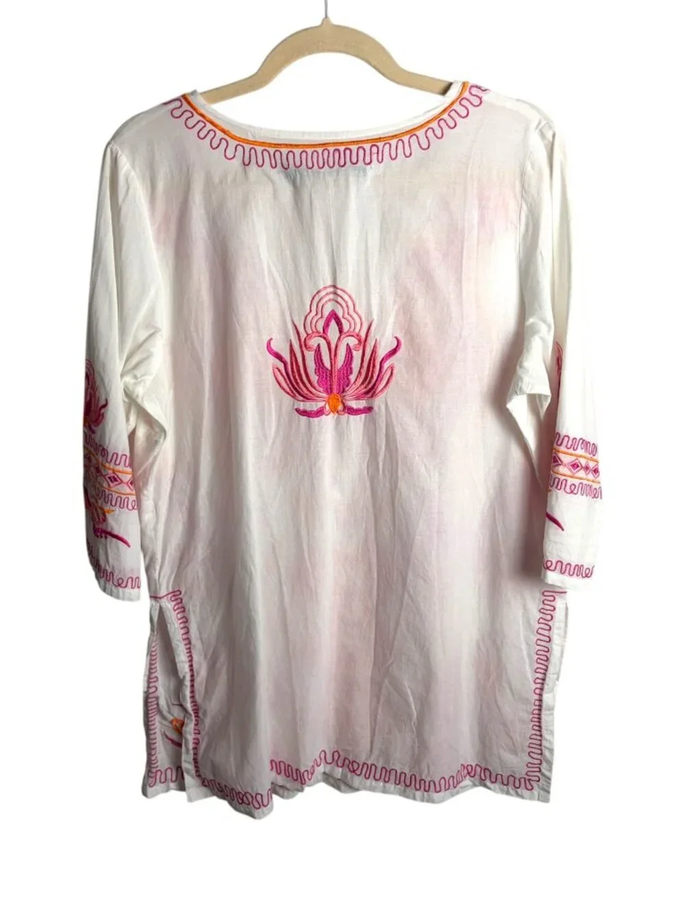 Gretchen Scott Size M Embroidered Tunic Top White Pink Tassel Tie Swim Cover Up